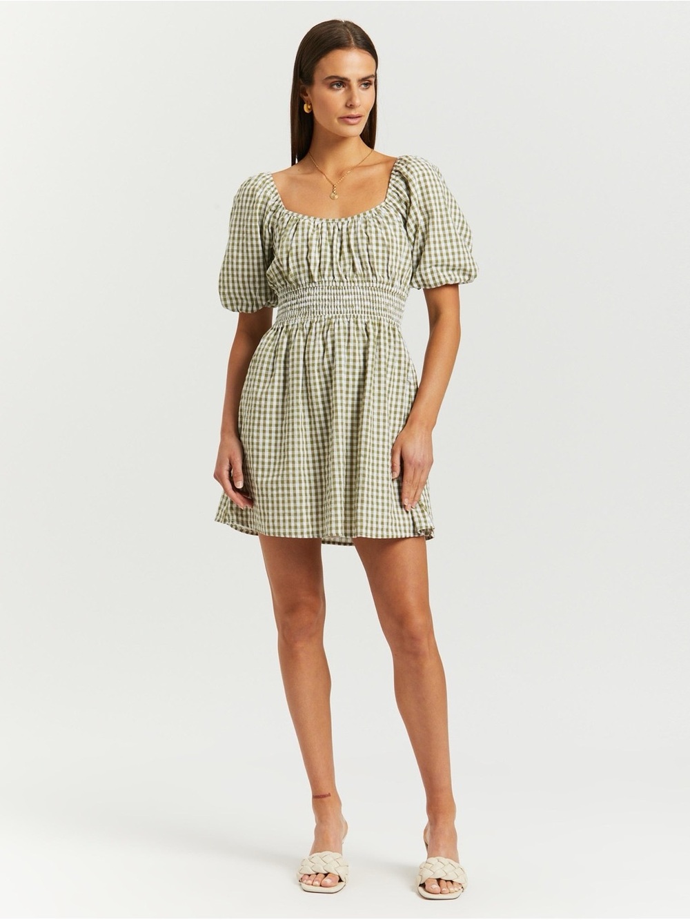 Faithfull The Brand Axel Mini Dress Olive Gingham Puff Sleeve